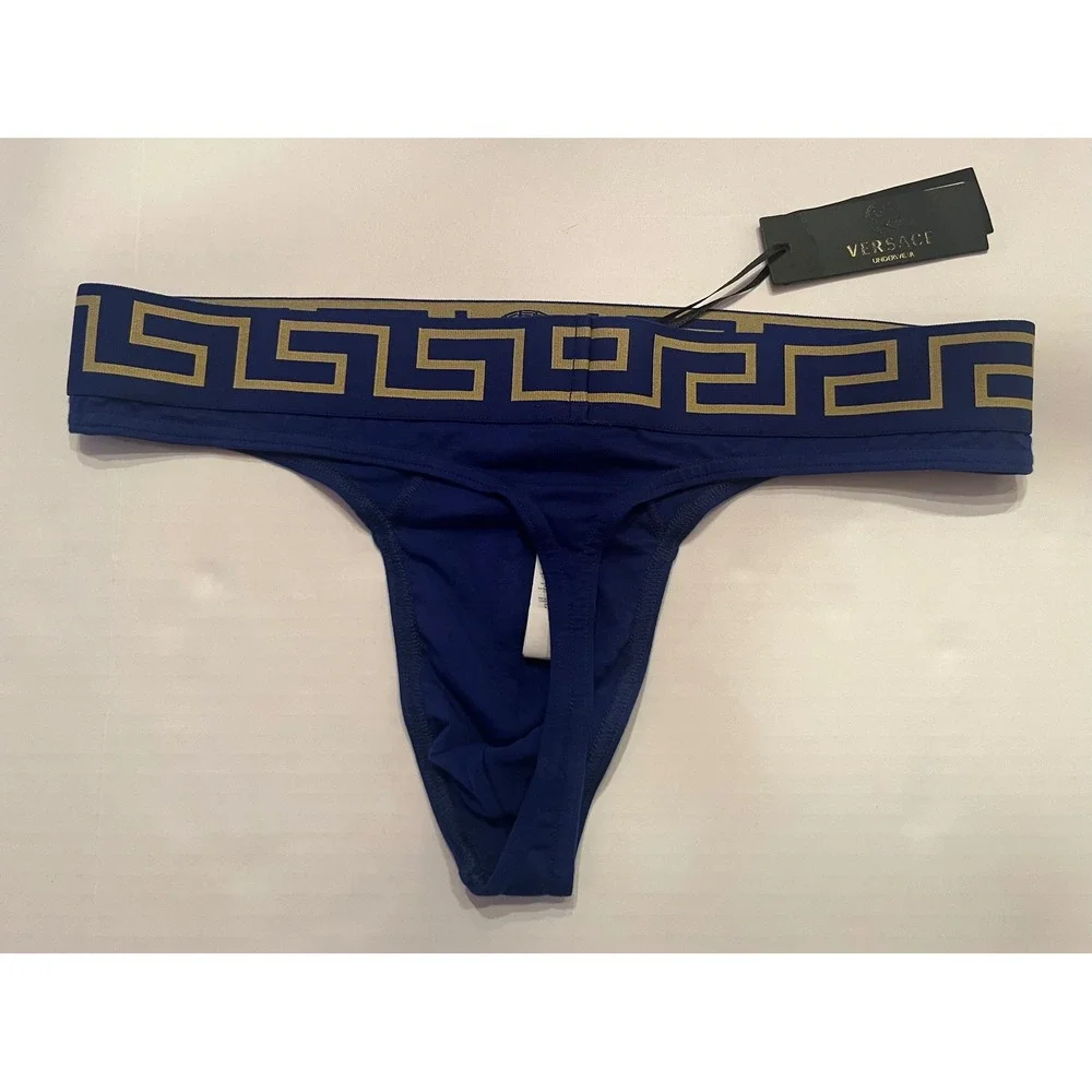 Versace Men's Thong Briefs‎ Underwear Blue with Gold Logo Size 7 or XL
